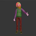 3D Male Character in Striped Vest Long Sleeve Shirt Brown Pants with Outstretched Hand on Gray Background