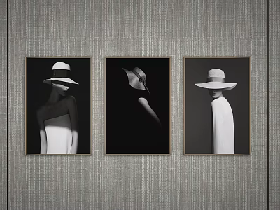 Black and White Portrait Paintings Featuring Figures Wearing Stylish Hats Hanging On Textured Wall 3d model