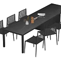 Modern Black Long Dining Table Set With Six Chairs And Decorative Items 3d model