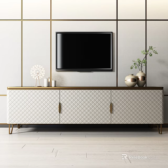 White Quilted TV Stand With Gold Accents Legs And Decorative Gold Vases Green Plants 3d model 