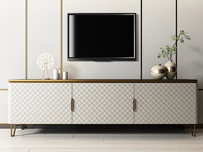 White Quilted TV Stand With Gold Accents Legs And Decorative Gold Vases Green Plants 3d model