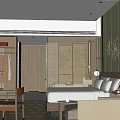 Modern Hotel Guest Room With Bed Sofa TV Table Chair Green Wall And Wooden Floor