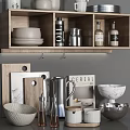 Stylish Wooden Shelf Display With Kitchenware Mugs Jars Bottles Cutting Boards And Kettle