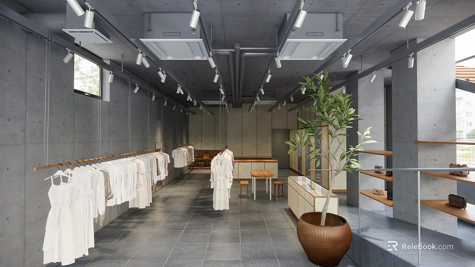 Modern Clothing Store Interior With Hanging White Clothes Gray Walls And Wooden Tables 3d model 