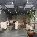Modern Clothing Store Interior With Hanging White Clothes Gray Walls And Wooden Tables