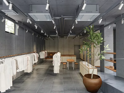 Modern Clothing Store Interior With Hanging White Clothes Gray Walls And Wooden Tables 3d model