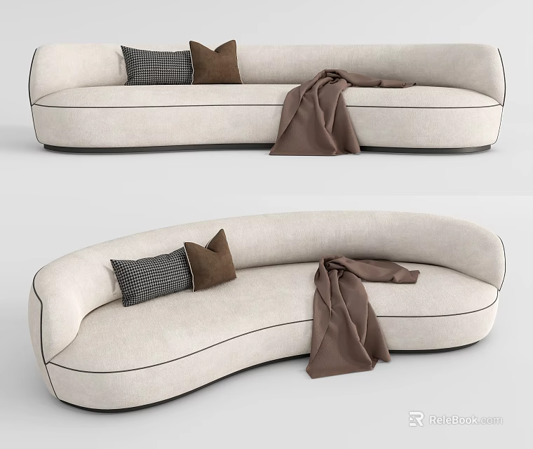 Modern Beige Curved Sectional Sofa with Plaid and Brown Throw Pillows and Brown Blanket 3d model 