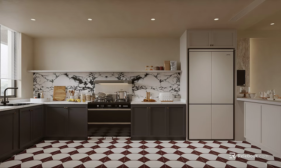 Kitchen Interior Design With Dark Cabinets Marble Backsplash Checkered Floor And Refrigerator 3d model 
