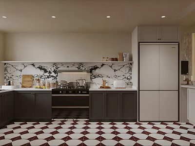 Kitchen Interior Design With Dark Cabinets Marble Backsplash Checkered Floor And Refrigerator 3d model