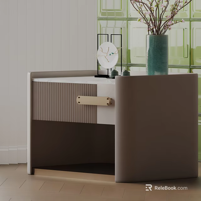 Modern Side Table With White Top Brown Frame Wooden Handle And Drawer Storage 3d model 