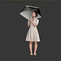 Cute Child in Light Gray Dress Holding Umbrella Standing on Gray Background