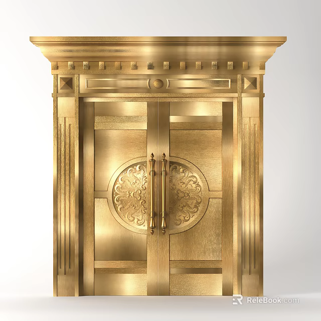 Golden Double Doors with Ornate Carvings and Intricate Circular Patterns in Classical Decorative Frame Design 3d model 