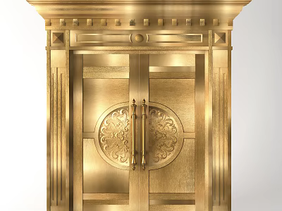 Golden Double Doors with Ornate Carvings and Intricate Circular Patterns in Classical Decorative Frame Design 3d model