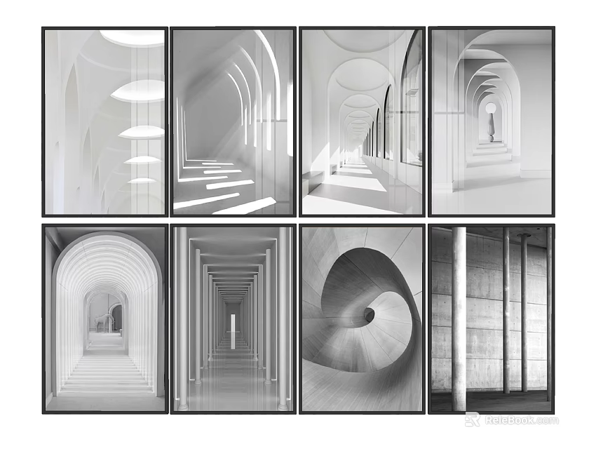 Set of Modern Monochrome Wall Art Prints Featuring Architectural Arches Corridors And Spiral Designs 3d model 
