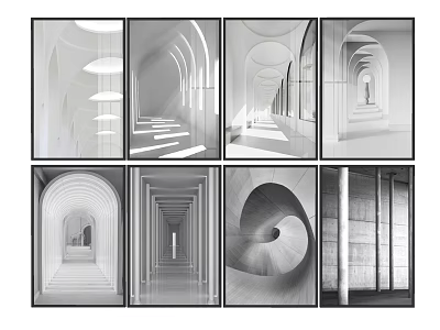 Set of Modern Monochrome Wall Art Prints Featuring Architectural Arches Corridors And Spiral Designs 3d model