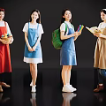 Four Women Wearing Different Colored Aprons Holding Baskets Backpack Colored Pencils And Notebooks