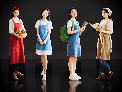 Four Women Wearing Different Colored Aprons Holding Baskets Backpack Colored Pencils And Notebooks 3d model
