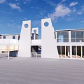 Modern Guesthouse Architecture With White Exterior Geometric Design Circular Windows And Wooden Deck