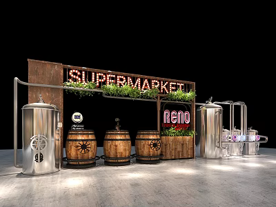 Supermarket Display Area With Wooden Structure Barrels Metal Containers And Green Plants 3d model