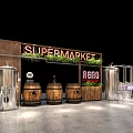 Supermarket Display Area With Wooden Structure Barrels Metal Containers And Green Plants