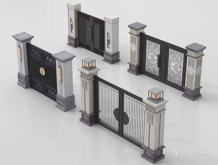 Elegant Modern Metal Gates With Stone Pillars Lanterns And Decorative Patterns 3d model