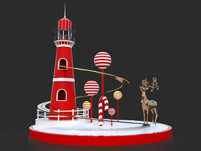Decorative Scene With Red Lighthouse Striped Candy Canes And Reindeer Figure On Circular Base 3d model