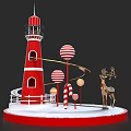 Decorative Scene With Red Lighthouse Striped Candy Canes And Reindeer Figure On Circular Base