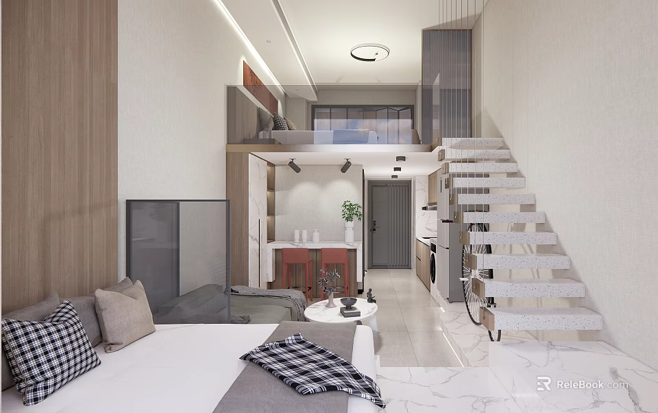 Modern Apartment Interior Design With Open Living Room Staircase Sofa Coffee Table And Green Plant 3d model 