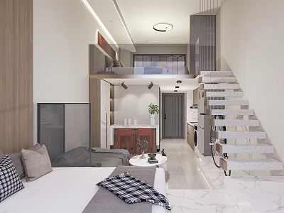Modern Apartment Interior Design With Open Living Room Staircase Sofa Coffee Table And Green Plant 3d model