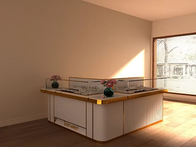 Elegant Reception Desk with Glass Display Cases Pink Flowers White Gold Design Sunlight Wooden Floor 3d model