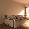 Elegant Reception Desk with Glass Display Cases Pink Flowers White Gold Design Sunlight Wooden Floor