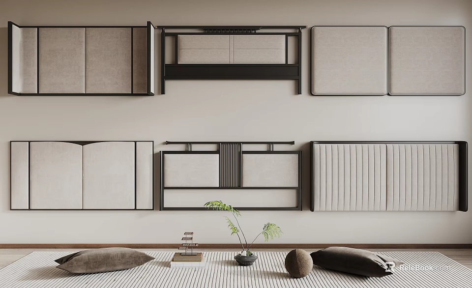 Modern Headboard Designs With Different Styles Floor Pillows Small Plant And Decorative Elements 3d model 