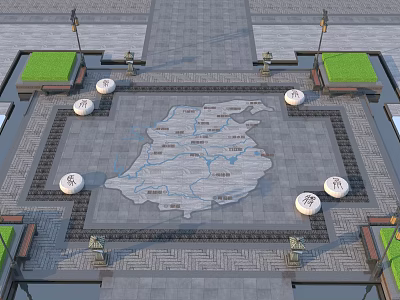 Decorative Outdoor Square With Map Shaped Ground Circular Stone Pillars Green Lawns And Street Lamps 3d model