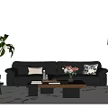 Modern Black Leather Sofa And Wooden Coffee Table Set With Pillows Plant And Floor Lamp