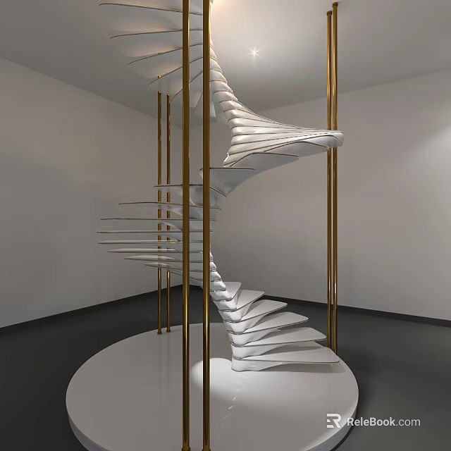 White Spiral Staircase With Gold Railings In Modern Minimalist Interior 3d model 