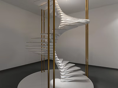 White Spiral Staircase With Gold Railings In Modern Minimalist Interior 3d model