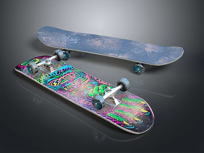 Skateboards With Colorful Graphics Blue Deck Metal Trucks And Wheels 3d model