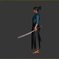 Character In Blue Kimono Holding Two Swords With Spiky Hair Standing