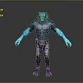 Mythical Game Movie Character With Wolf Head Purple Torso And Blue Glowing Arms