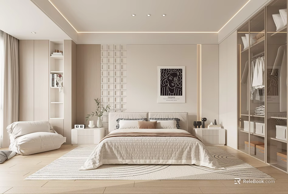 Modern Bedroom Interior With Bed Nightstands Area Rug Abstract Painting And Glass Wardrobe 3d model 