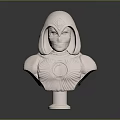White Sculpted Bust of Hooded Masked Character With Intricate Chest Design and Pedestal Base