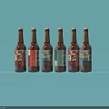 Six Brown Beer Bottles With Colorful Labels On Light Blue Background 3d model