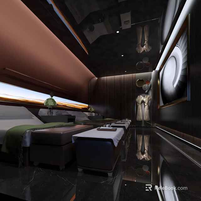 Modern SPA Sauna Interior With Massage Beds Green Plants And Wooden Walls 3d model 