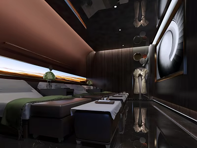 Modern SPA Sauna Interior With Massage Beds Green Plants And Wooden Walls 3d model