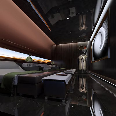 Modern SPA Sauna Interior With Massage Beds Green Plants And Wooden Walls 3d model