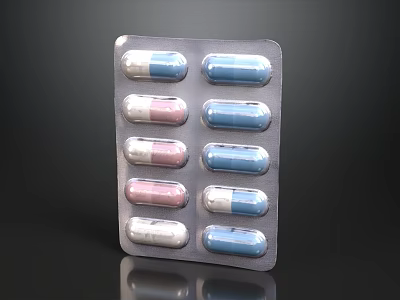 Blister Pack With Blue Pink And White Capsules For Medication Use 3d model