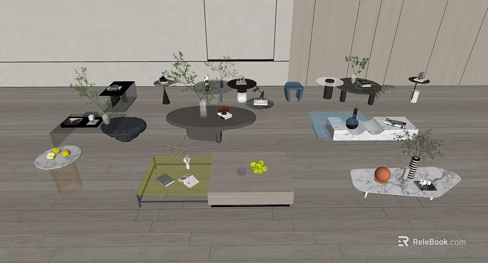 Various Modern Coffee Tables In Living Room With Decorative Plants And Fruits 3d model 