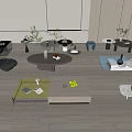 Various Modern Coffee Tables In Living Room With Decorative Plants And Fruits