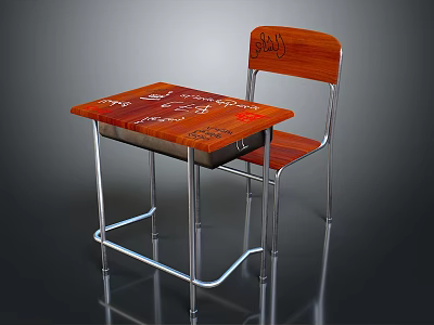 Wooden Desk and Chair Set with Graffiti Artwork and Metal Legs 3d model