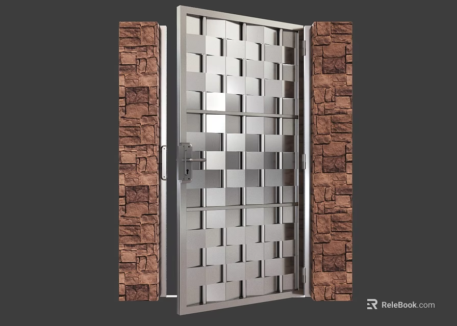 Modern Swing Door with Metal Frame Square Grid Design Between Brown Stone Walls 3d model 